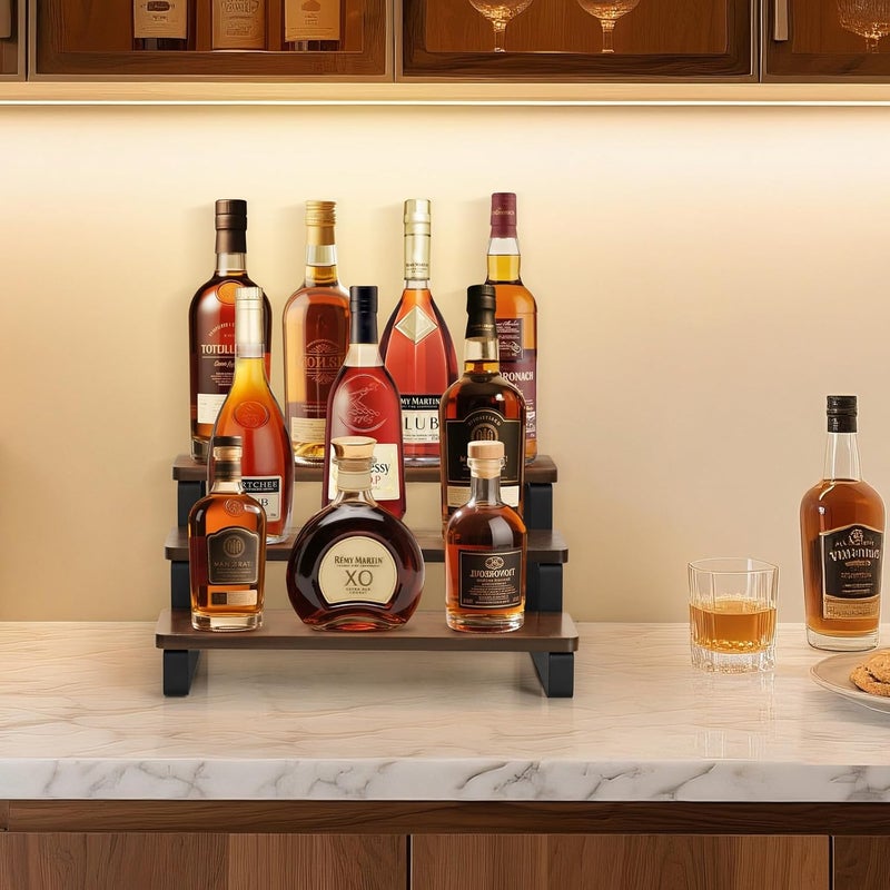 Mkono Small Liquor Bottle Display Shelf 3 Tier Coffee Bar Accessories Rustic Syrup Stand Wine Racks Countertop for Whiskey Tabletop Kitchen,13 Inch - Image 2